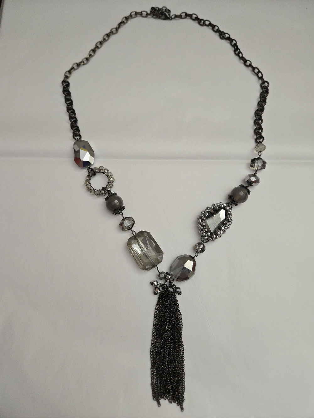 Silver Gem Sparkly Mixed Texture Long Gunmetal Silver Tone Long Necklace